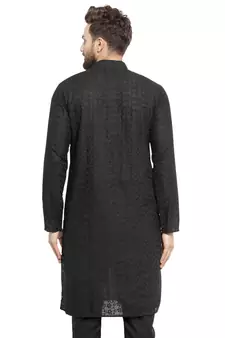 Black Cotton Chikankari Lucknowi Jaal Embroidered Men- Kurtas
