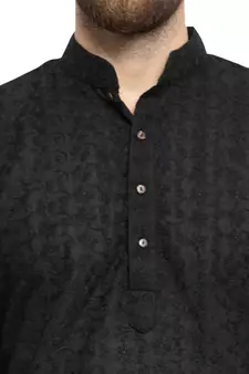 Black Cotton Chikankari Lucknowi Jaal Embroidered Men- Kurtas