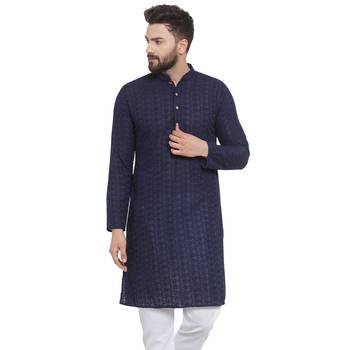 Navy Blue Cotton Chikankari Lucknowi Jaal Embroidered men-kurtas 1