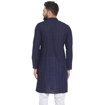 Navy Blue Cotton Chikankari Lucknowi Jaal Embroidered men-kurtas 3