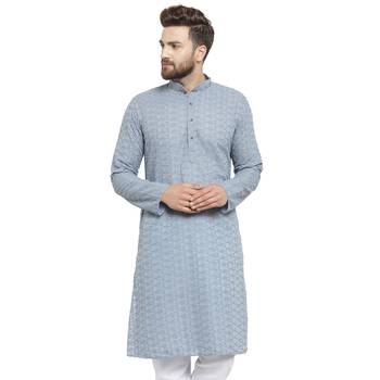 light blue cotton kurta with chikankari jaal embroidery 1