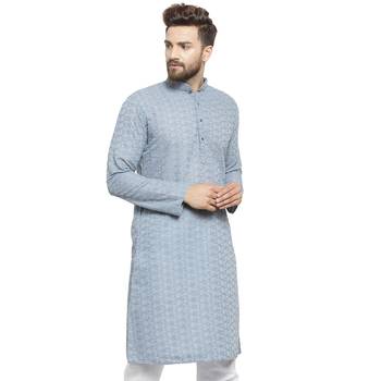 light blue cotton kurta with chikankari jaal embroidery 2
