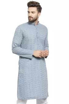 light blue cotton kurta with chikankari jaal embroidery