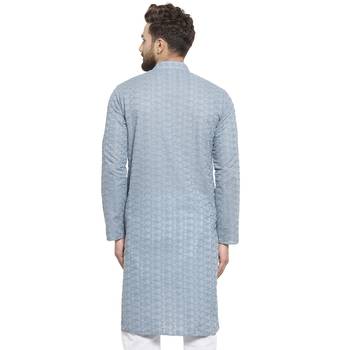 light blue cotton kurta with chikankari jaal embroidery 4