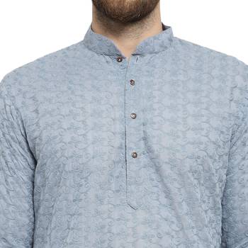 light blue cotton kurta with chikankari jaal embroidery 5