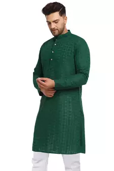 Green Chikankari Lucknowi Jaal Embroidered  men-kurtas