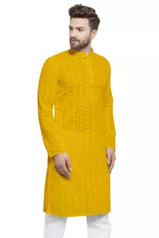 yELLOW embroidered chikankari kurta for men