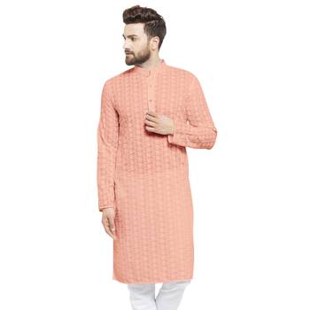 Men Designer Cotton Chikankari Salmon Pink Kurta By Treemoda  1
