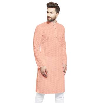 Men Designer Cotton Chikankari Salmon Pink Kurta By Treemoda  2