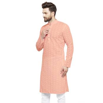 Men Designer Cotton Chikankari Salmon Pink Kurta By Treemoda  3