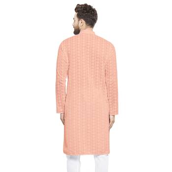 Men Designer Cotton Chikankari Salmon Pink Kurta By Treemoda  4