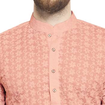 Men Designer Cotton Chikankari Salmon Pink Kurta By Treemoda  5