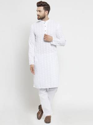 Treemoda Men White Cotton Chikankari Lucknowi Jaal Embroidered kurta-pajama 1