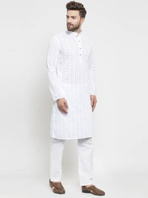 Treemoda Men White Cotton Chikankari Lucknowi Jaal Embroidered kurta-pajama 2