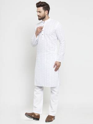 Treemoda Men White Cotton Chikankari Lucknowi Jaal Embroidered kurta-pajama 3