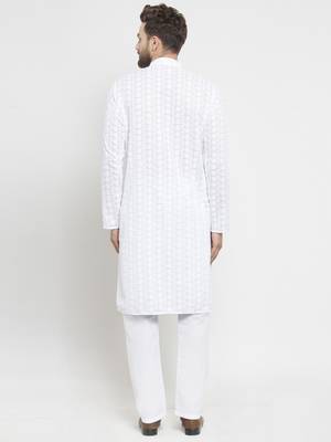 Treemoda Men White Cotton Chikankari Lucknowi Jaal Embroidered kurta-pajama 4