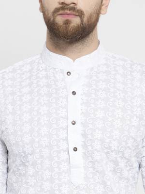 Treemoda Men White Cotton Chikankari Lucknowi Jaal Embroidered kurta-pajama 5
