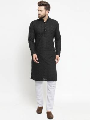 Men Black Cotton Chikankari Lucknowi Jaal Embroidered  kurta-pajama 1