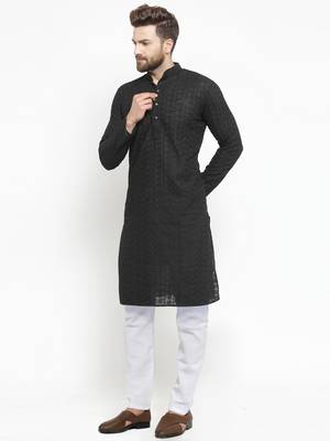 Men Black Cotton Chikankari Lucknowi Jaal Embroidered  kurta-pajama 2