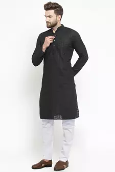 Men Black Cotton Chikankari Lucknowi Jaal Embroidered  kurta-pajama