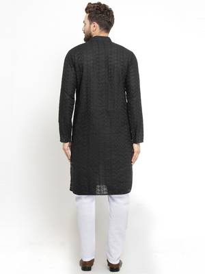 Men Black Cotton Chikankari Lucknowi Jaal Embroidered  kurta-pajama 3
