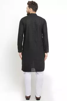 Men Black Cotton Chikankari Lucknowi Jaal Embroidered  kurta-pajama
