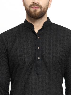 Men Black Cotton Chikankari Lucknowi Jaal Embroidered  kurta-pajama 4