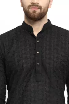Men Black Cotton Chikankari Lucknowi Jaal Embroidered  kurta-pajama