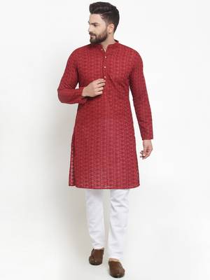 Men Maroon Chikankari Lucknowi Jaal Embroidered kurta-pajama 1