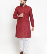 Men Maroon Chikankari Lucknowi Jaal Embroidered kurta-pajama