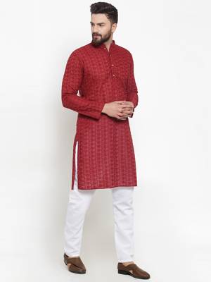 Men Maroon Chikankari Lucknowi Jaal Embroidered kurta-pajama 2