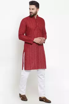 Men Maroon Chikankari Lucknowi Jaal Embroidered kurta-pajama