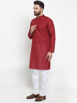 Men Maroon Chikankari Lucknowi Jaal Embroidered kurta-pajama 3