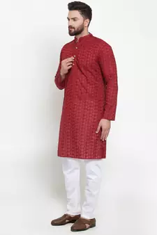 Men Maroon Chikankari Lucknowi Jaal Embroidered kurta-pajama