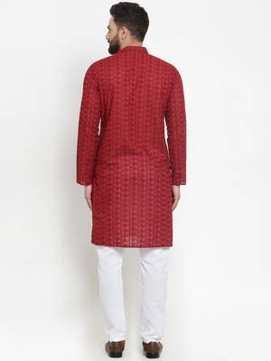 Men Maroon Chikankari Lucknowi Jaal Embroidered kurta-pajama 4