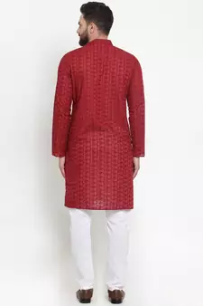 Men Maroon Chikankari Lucknowi Jaal Embroidered kurta-pajama