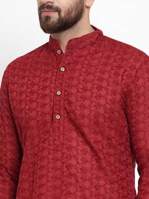 Men Maroon Chikankari Lucknowi Jaal Embroidered kurta-pajama 5