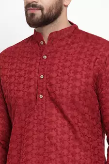 Men Maroon Chikankari Lucknowi Jaal Embroidered kurta-pajama