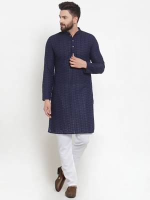 Men Navy Blue Cotton Chikankari Lucknowi Jaal Embroidered kurta-pajama 1