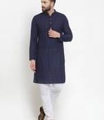Men Navy Blue Cotton Chikankari Lucknowi Jaal Embroidered kurta-pajama