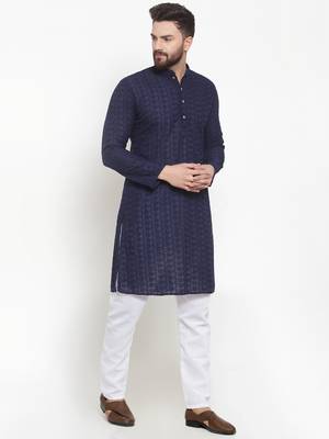 Men Navy Blue Cotton Chikankari Lucknowi Jaal Embroidered kurta-pajama 2