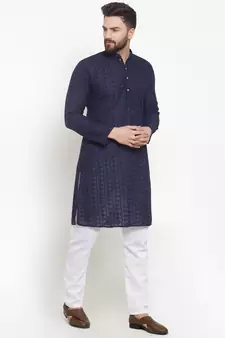 Men Navy Blue Cotton Chikankari Lucknowi Jaal Embroidered kurta-pajama