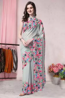 Grey printed georgette saree with blouse