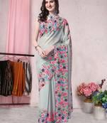 Grey printed georgette saree with blouse