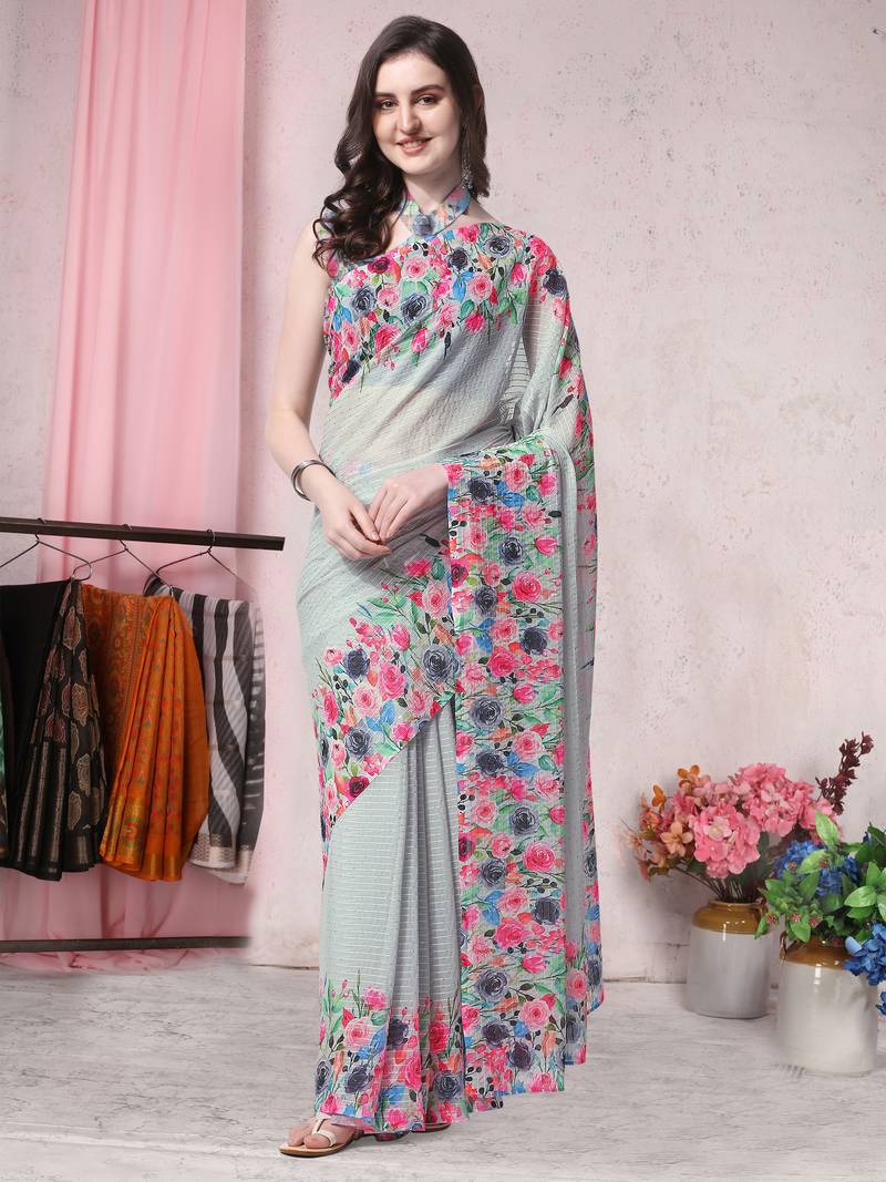 Grey printed georgette saree with blouse