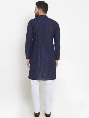 Men Navy Blue Cotton Chikankari Lucknowi Jaal Embroidered kurta-pajama 4