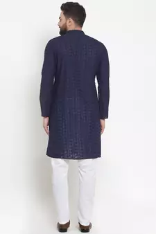 Men Navy Blue Cotton Chikankari Lucknowi Jaal Embroidered kurta-pajama