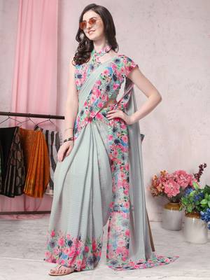Grey printed georgette saree with blouse 2