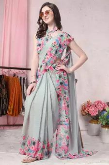 Grey printed georgette saree with blouse