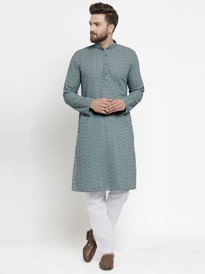 grey cotton kurta set with chikankari jaal embroidery 1